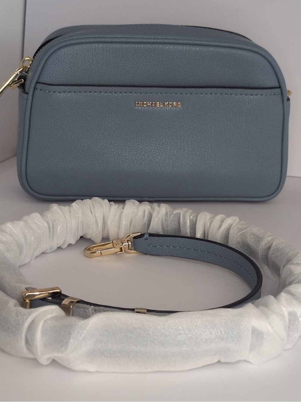 Michael Kors Slate Blue Leather Crossbody with Gold Hardware